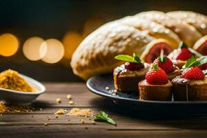 a plate with strawberries and bread on it. AI-Generated photo