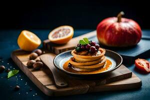 pancakes with fruit and nuts on a plate. AI-Generated photo