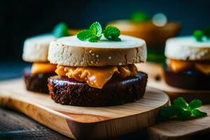 three mini cheesecakes on a wooden cutting board. AI-Generated photo