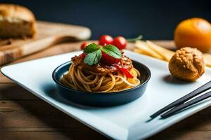 spaghetti with tomato sauce and vegetables on a plate. AI-Generated photo