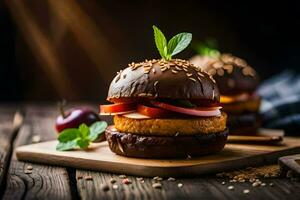 two hamburgers with cheese and vegetables on a wooden board. AI-Generated photo