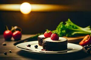 a dessert on a plate with berries and vegetables. AI-Generated photo