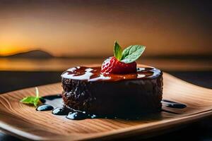 a dessert with chocolate sauce and strawberries on a wooden plate. AI-Generated photo