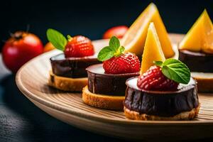 un plato con chocolate y Fruta en él. generado por ai foto