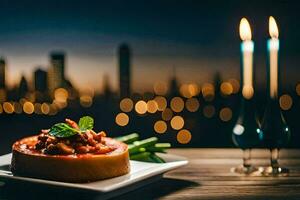 un postre en un plato con velas en el antecedentes. generado por ai foto