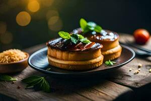 dos vieiras en un plato con un rebanada de un pan. generado por ai foto