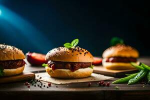 three hamburgers with meat and vegetables on a wooden table. AI-Generated photo