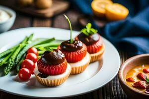 a plate with strawberries, asparagus and a bowl of soup. AI-Generated photo