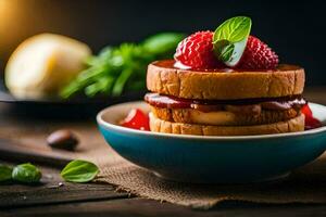 a stack of pancakes with berries and basil. AI-Generated photo