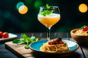 spaghetti with tomato and basil on a wooden table. AI-Generated photo