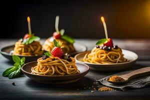 spaghetti with strawberries and basil on a wooden table. AI-Generated photo