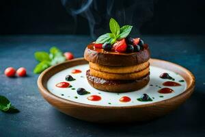 a plate with a stack of pancakes topped with berries and mint leaves. AI-Generated photo