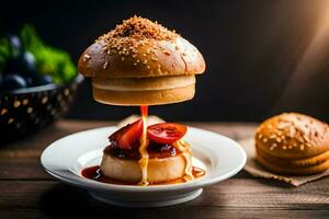 un hamburguesa con salsa en cima. generado por ai foto