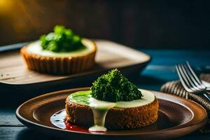 dos pequeño pasteles con verde salsa en cima. generado por ai foto