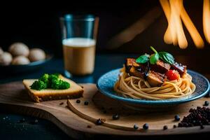 spaghetti with tofu and broccoli on a plate. AI-Generated photo