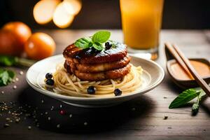 chicken and noodles on a plate with orange juice and a glass of orange juice. AI-Generated photo