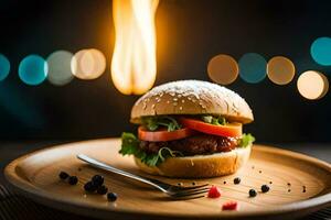 a hamburger is sitting on a wooden plate with a fork and knife. AI-Generated photo