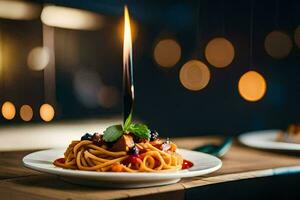 a plate with spaghetti and a candle on it. AI-Generated photo