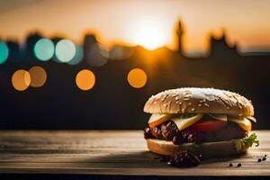 a hamburger sitting on a table with a city in the background. AI-Generated photo