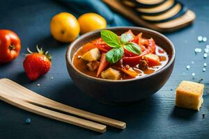 a bowl of soup with tomatoes, basil and cheese on a dark table. AI-Generated photo