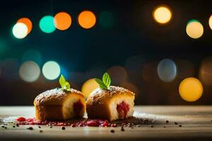 two cakes with raspberry jam on a wooden table. AI-Generated photo