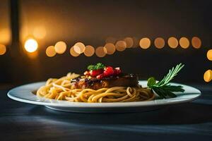 un plato de espaguetis con carne y tomate salsa. generado por ai foto
