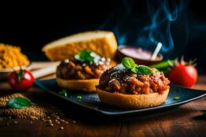 two meatballs on a plate with bread and spices. AI-Generated photo