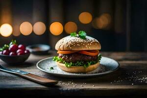 un hamburguesa en un plato con uvas y un cuchillo. generado por ai foto