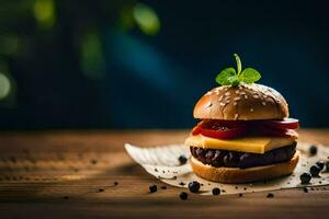 a hamburger with cheese, tomatoes and herbs on a wooden table. AI-Generated photo