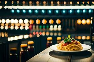 a plate of spaghetti on a table in front of a bottle of wine. AI-Generated photo