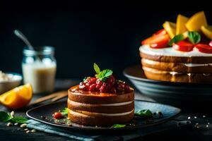 a cake with fruit and cream on a plate. AI-Generated photo