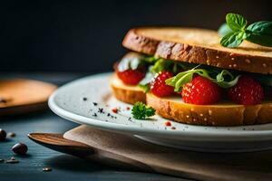 a sandwich with strawberries and cheese on a white plate. AI-Generated photo