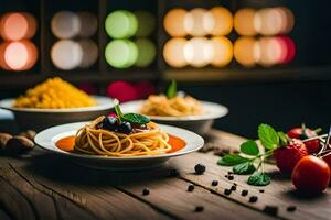 spaghetti with tomato sauce and vegetables on a wooden table. AI-Generated photo