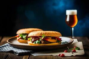 two hamburgers on a plate with a glass of beer. AI-Generated photo