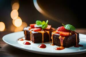 two pieces of chocolate cake with strawberries on a white plate. AI-Generated photo