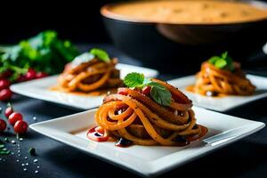 Tres platos con espaguetis y salsa en a ellos. generado por ai foto