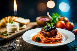 a plate of food with spaghetti and meat on a table. AI-Generated photo