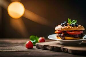 a hamburger with berries and tomatoes on a wooden table. AI-Generated photo