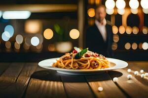 a plate of spaghetti on a wooden table. AI-Generated photo