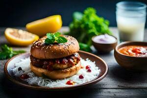 a burger with rice and sauce on a plate. AI-Generated photo