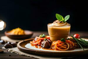a dessert with noodles and vegetables on a wooden table. AI-Generated photo
