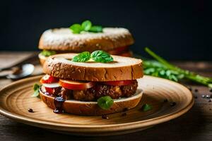 two meatball sandwiches on a plate with herbs. AI-Generated photo