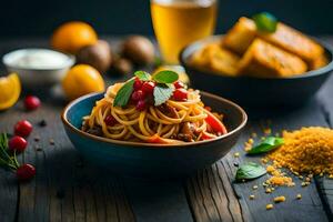 spaghetti with meat and vegetables in a bowl on a wooden table. AI-Generated photo