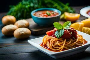 spaghetti with tomato sauce and vegetables on a wooden table. AI-Generated photo