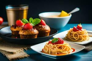 pasta, strawberries and a cup of coffee on a table. AI-Generated photo