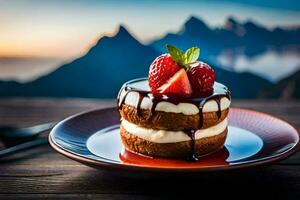 un postre con fresas y chocolate en un lámina. generado por ai foto