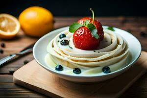 a plate with a strawberry and a slice of lemon on top. AI-Generated photo