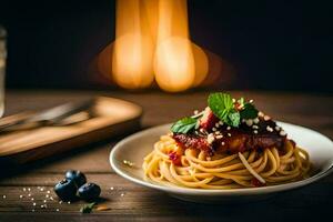 spaghetti with tomato sauce and blueberries on a plate. AI-Generated photo