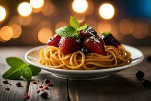 spaghetti with berries and mint leaves on a wooden table. AI-Generated photo