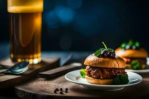 two small burgers on plates with a glass of beer. AI-Generated photo